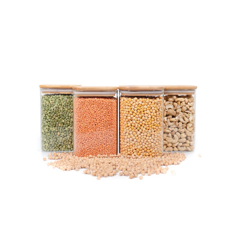 Quadratische Vorratsgläser mit Bambusdeckel 4er Set 1200ml