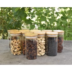 Schmale Gewürzgläser 12 cm hoch Bambusdeckel 10er Set