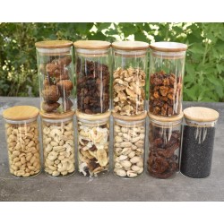 Schmale Gewürzgläser 12 cm hoch Bambusdeckel 10er Set
