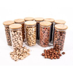 Schmale Gewürzgläser 14 cm hoch Bambusdeckel 10er Set
