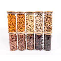 Schmale Gewürzgläser 14 cm hoch Bambusdeckel 10er Set