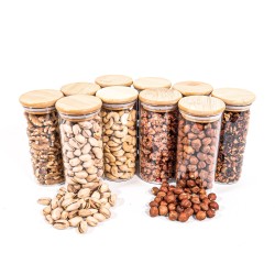 Schmale Gewürzgläser 14 cm hoch Bambusdeckel 10er Set