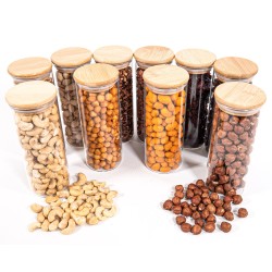 Schmale Gewürzgläser 16 cm hoch Bambusdeckel 10er Set