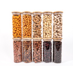 Schmale Gewürzgläser 16 cm hoch Bambusdeckel 10er Set