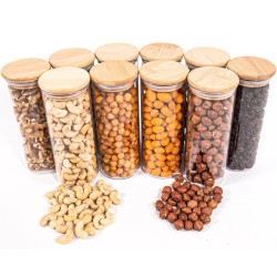 Schmale Gewürzgläser 16 cm hoch Bambusdeckel 10er Set