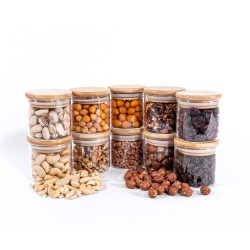 Schmale Gewürzgläser 6 cm hoch Bambusdeckel 10er Set