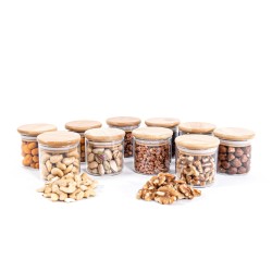 Schmale Gewürzgläser 6 cm hoch Bambusdeckel 10er Set