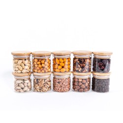 Schmale Gewürzgläser 6 cm hoch Bambusdeckel 10er Set