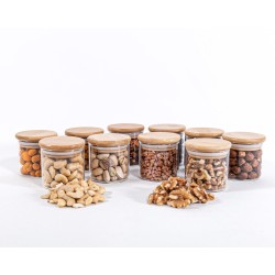 Schmale Gewürzgläser 6 cm hoch Bambusdeckel 10er Set