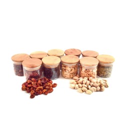 Schmale Gewürzgläser 6 cm hoch Bambusdeckel 10er Set