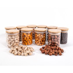 Schmale Gewürzgläser 8 cm hoch Bambusdeckel 10er Set